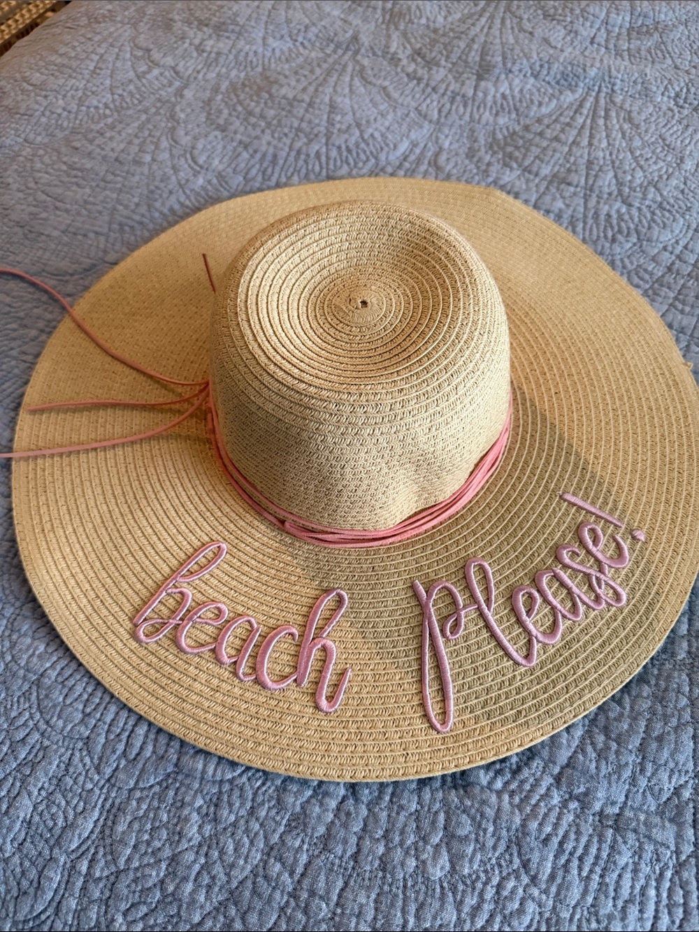 Wide Brim Straw Sun Hat with Pink Cord "beach please!"